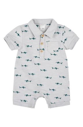 Petit Lem Shark Print Cotton Polo Romper in Light Grey at Nordstrom, Size 24M