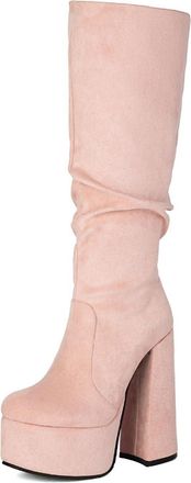 Generic Womens Knee-High Platform Boots, 14.5Cm Block Heel Suede High Shaft Boots with Pleated Look And Round Toe Large Size Autumn Winter Dress Boots for Out
