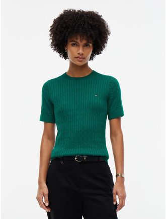 Tommy Hilfiger Womens Short-Sleeve Cable Knit Sweater - Atlantis Green - XXL