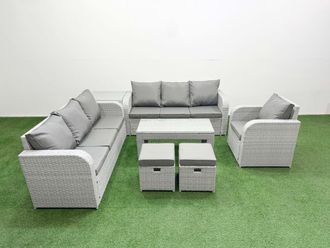 Fimous 9 Seater Poly Rattan Outdoor Garden Furniture Oblong Coffee Table Sofa Set Patio 3 Seater Sofa Reclining Chair 3 Seater Sofa Stools Side Table