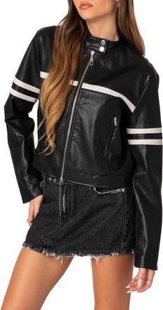 Edikted Rockstar Oversize Faux Leather Jacket in Black-And-White at Nordstrom, Size X-Small