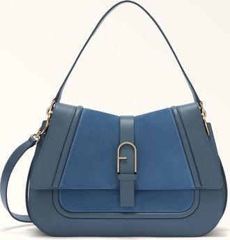 Furla Flow Top Handle L Toni Grigio Blu Claris Lux Calf Leather + Suede Woman