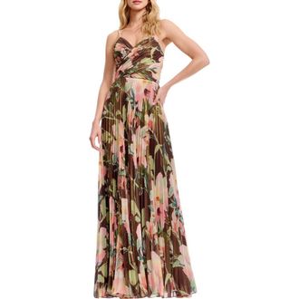 Dress The Population Floral Print Pleated Chiffon Gown in Mocha Multi at Nordstrom, Size Xx-Small