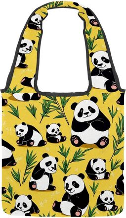 Generic Cute Panda on Yellow Reversible Canvas Shoulder Tote - Double-Sided Print, 12oz Cotton, 27cm Drop, Fold-Flat Bag for Travel, Shopping, Street Outings