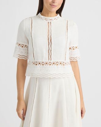 Ellen Tracy Womens Cotton Crosshatch Top with Crochet Applique