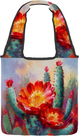 Generic Red Cactus Flowers Reversible Canvas Shoulder Tote - Double-Sided Print, 12oz Cotton, 27cm Drop, Fold-Flat Bag for Travel, Shopping, Street Outings
