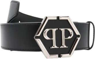 Philipp Plein Leather Belt Hexagon - Heren - Riemen - Zwart - 100 CM - Leer - Accessoires