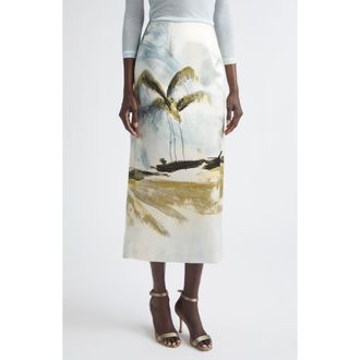 Oscar De La Renta Dominican Landscape Satin Pencil Skirt in Blue Green Multi at Nordstrom, Size 10