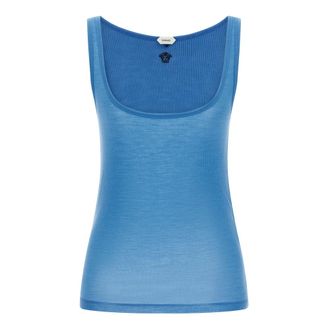 Versace Sleeveless Tops, female, Blue, Size: M Embroidered Ribbed Wool Tank Top