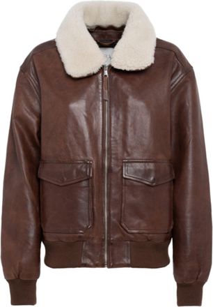 Tela Brown Lamb Leather Bomber Jacket with Shearling Collar