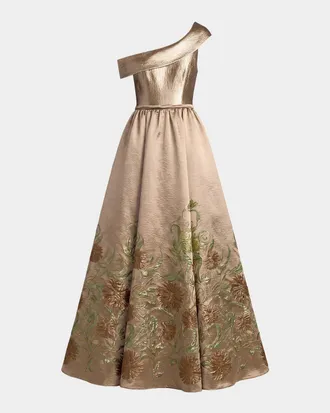 Mac Duggal One-Shoulder Metallic Brocade Ball Gown