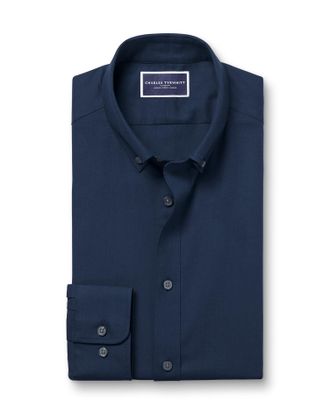 CHARLES TYRWHITT Brushed Cotton Twill Shirt - Indigo Blue Size Large by Charles Tyrwhitt