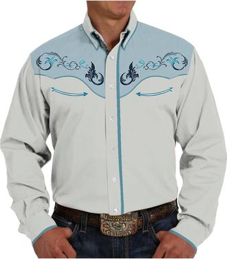 Generic Western Cowboy Men Shirts Retro Flower Print Long Sleeve Shirt Lapel Collar Button Down Shirts (UK, Alpha, 3XL, Regular, Regular, White)