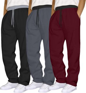Generic 3 Pack Joggers for Men UK Mens Joggers Bottoms Open Hem Jogging Pants Fleece Sweatpants with Pockets Drawstring Elastic Waist Straight Leg Baggy Jogge