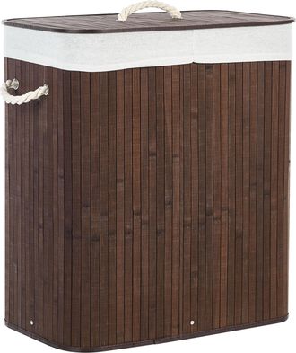 Beliani Cesta De Madera De Bamb&uacute; Oscura 60 Cm 2 Compartimentos Tapa Asas De Cuerda Kandy