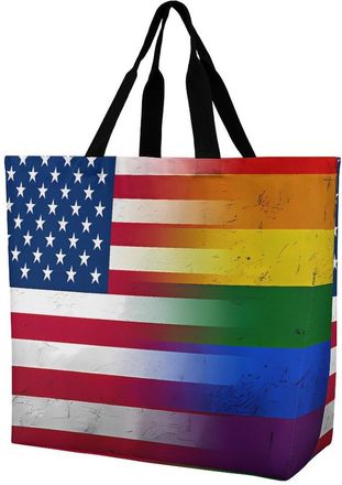 Generic U.S. Gay Flag Large Reusable Shopping Bag Lightweight Foldable Tote Bags Washable Shoulder Handbag