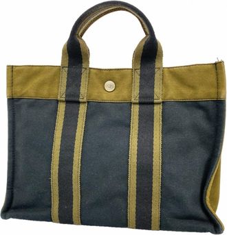 Herm&egrave;s Black Green Canvas Tote Bag (Pre-Owned)