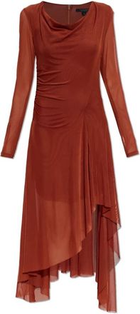 AllSaints Loria Draped Mesh Midi Jurk - Dames - Casual kleedjes - Bruin - S - Polyester - Kleedjes