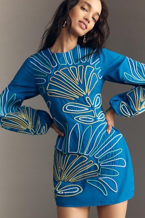 The Wolf Gang Luna Long-Sleeve Embroidered Linen Mini Dress