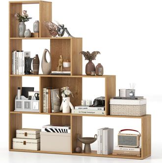 Costway 4-Tier Stepped Bookshelf Modern Ladder Bookcase 6 Storage Cubes-Natural