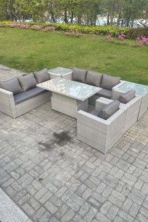 Fimous Rattan Garden Funiture Set Adjustable Rising Lifting Table Sofa Dining Set Lounge Sofa 2 Arm Chair in Light Grey