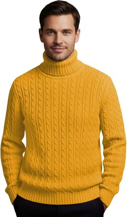 Janisramone Mens High Polo Roll Neck Jumper Long Sleeve Cable Knitted Casual Winter Sweater Pullover Mustard