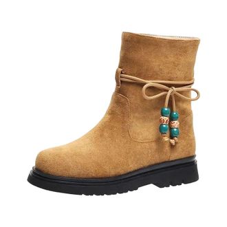 Generic Womens Vintage Mid Calf Boots Round Toe Med Square Heel Slip On Design With A Decorative Butterfly-Knot