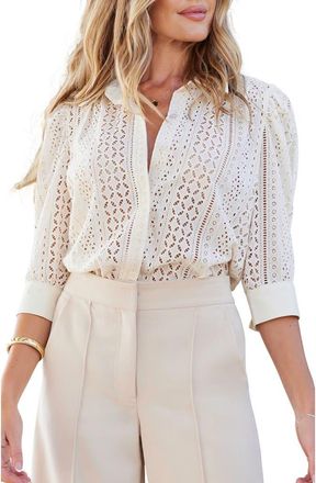 Bishop + Young Cate Eyelet Ruched Sleeve Top in Beige at Nordstrom, Size Small