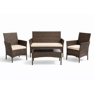 Concept Usine Conjunto de jard&iacute;n de 4 plazas en resina trenzada marr&oacute;n y cojines bei