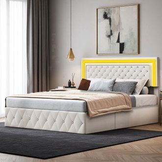 OEM Cama 140x200 Cm, Dzw, Led, Cama Doble, Cama De Adulto, Marco De Cama 140x200 Cm, Terciopelo, Beige