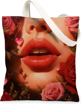 Generic Floral Canvas Tote Bags, Elegant Rose Design Reusable Grocery Bags, Vintage Lightweight Washable Shoulder Strap for Outdoor Travel 13x15 Inch