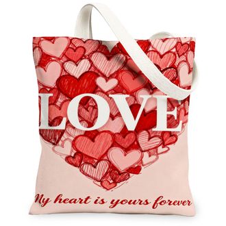 Generic Romantic Hearts Canvas Tote Bags, Love Design Pattern Reusable Grocery Bags, Vintage Lightweight Washable Shoulder Strap Ca, Red, 13x15 Inch