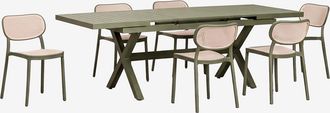 Sklum Set De Mesa Rectangular 180-240x90 Cm Extensible En Aluminio Karena Y 6 Sillas De Comedor Apilables En Polipropileno Omara Sklum