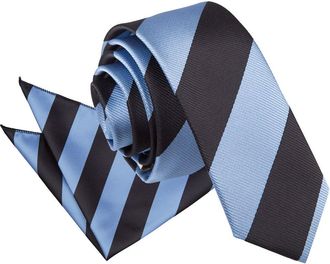 DQT Stripe Patterned Casual Business Party Skinny Neck Tie & Pocket Square Handkerchief Set for Men in Baby Blue and Black