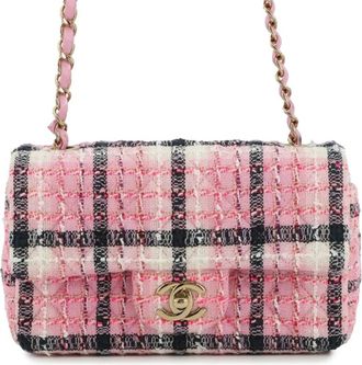 Chanel Borsa a tracolla Classic mini rettangolare in tweed con battente 2021-2025 - Rosa