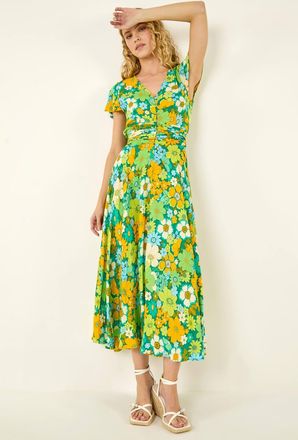 Roman Floral Ruched Midi Dress