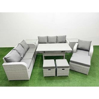 Fimous Fimous 10 Seater Poly Rattan Outdoor Garden Furniture Rectangular Dining Table Sofa Set Patio 3 Seater Sofa Reclining Chair 3 Seater Sofa 3 Stools 2