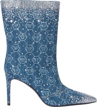 Philipp Plein Denim Low Laarzen Monogram Strass 9 - Dames - Schoenen - Blauw - Maat: 38 EU Denim