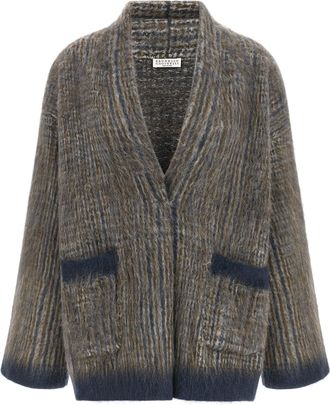 Brunello Cucinelli Prince of Wales Mohair-Wool Cardigan - Brown