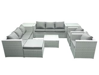 Fimous Outdoor Rattan Sofa Garden Furniture Set with 2 Armchairs Square Coffee Table Big Footstool 2 Side Tables Light Grey Mixed