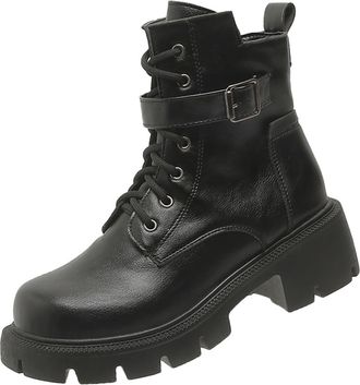 Generic Boots Womens And Winter British Biker Boots Thick Bottom Belt Buckle Retro Short Boots Large Size Boots Women S Boots Leather (Black, 5.5)