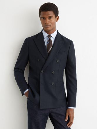 Reiss Navy Carson Flannel Double-breasted Blazer Tailored-fit, 38R