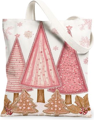Generic Christmas Tree Canvas Tote Bags, Floral Design Reusable Grocery Bags, Vintage Lightweight Washable Shoulder Strap Canvas Fo, Peach, 13x15 Inch