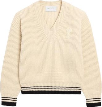 Ami Geribbelde wollen V-hals Ami De Coeur trui - Heren - V-hals truien - Beige - S - Wol - Truien & Vesten