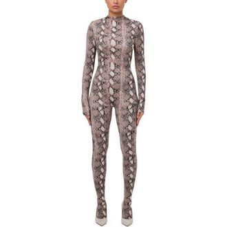 Naked Wardrobe Animal Print Closed Toe Jumpsuit in Beige Snakeskin at Nordstrom Rack, Size Large