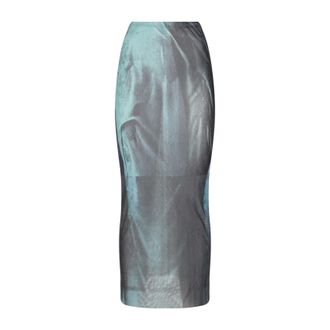 Jean Paul Gaultier Womens Mesh Printed Water Long Skirt - Light Grey Nylon - Size Medium