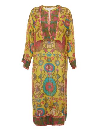 Valentino V-neck printed midi dress - women - Cotton/Silk - M - Yellow