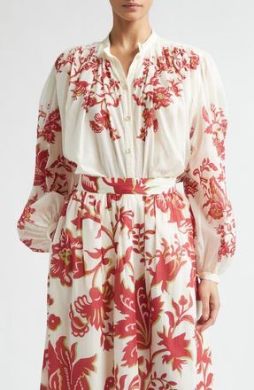 Etro Placed Floral Print Peasant Top in Print On White Base at Nordstrom, Size 12 Us