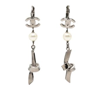 Chanel Faux Pearl Ribbon Knot Dangle Earrings
