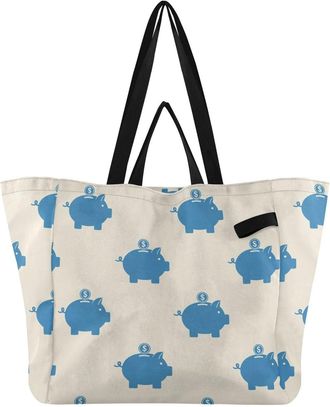 Generic Pig Blue pattern Reusable Canvas Tote Bag, Heavy Duty Grocery Shopping Bag with Double Handles Large Capacity Hard Bottom Work Groceries Travel